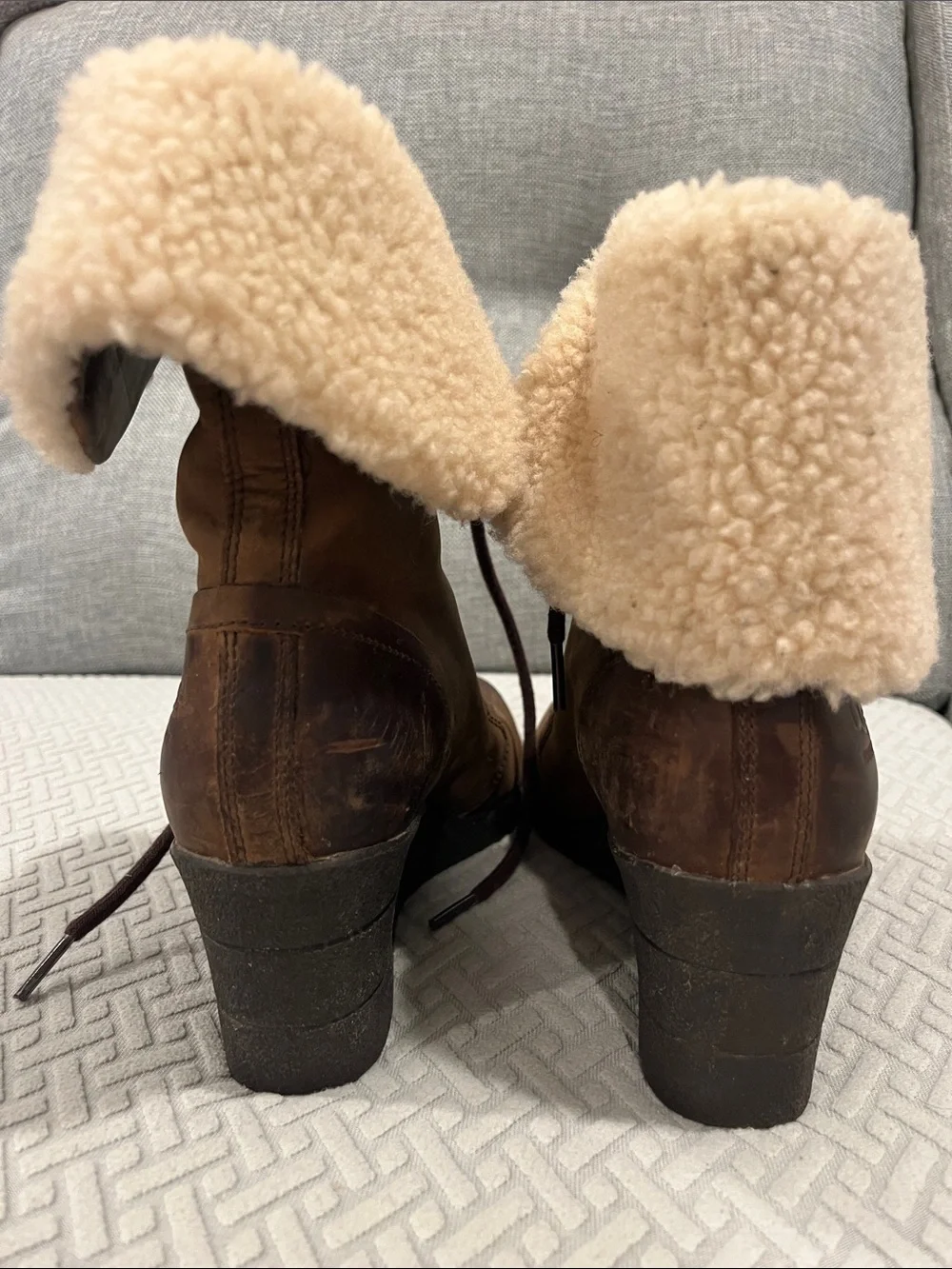 UGG Brown Wedge Lace-Up Ankle Boots with Cream Sherpa Cuff